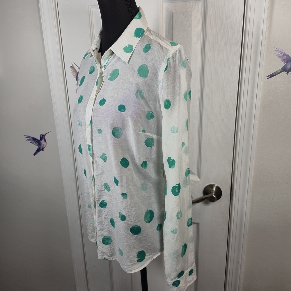 JCP Silk Blend Watercolor Polka Dot Button Down Shirt Teal White Medium - Picture 5 of 7
